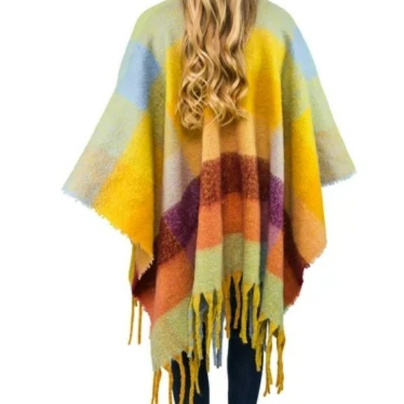 NWOT Time & Tru Vibrant Warm Boho Work or Play Plaid Fringe Open Front Poncho - Picture 3 of 8